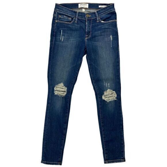 Frame Distressed Skinny Jeans Womens 27 Blue Dark Wash Casualwear Everyday Denim - Picture 2 of 15